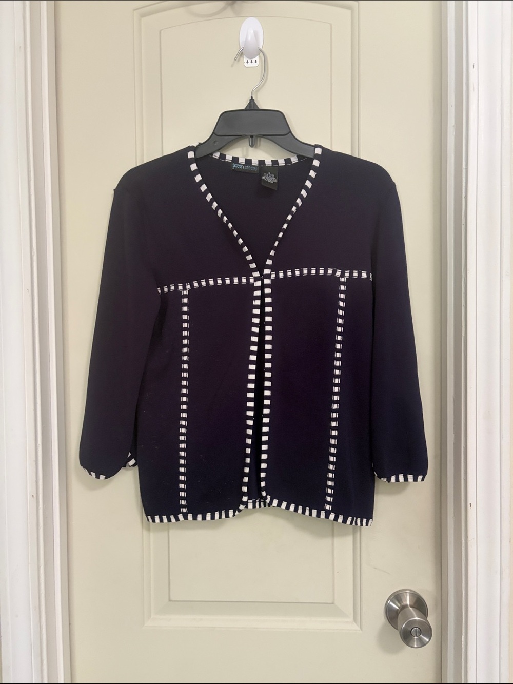 St. John Collection Black Open Knit Cardigan with White Trim